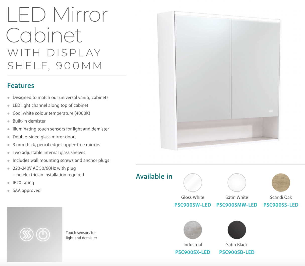 Fienza PSC900SS-LED 900mm Mirror LED Cabinet with Undershelf, Scandi Oak