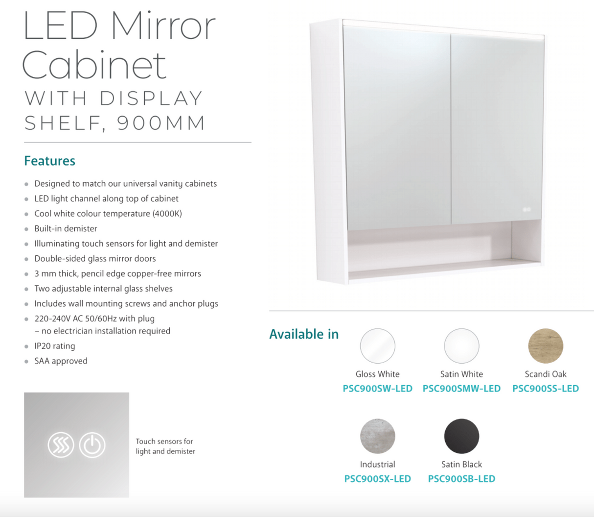 Fienza PSC900SW-LED 900mm Mirror LED Cabinet with Undershelf, Gloss White