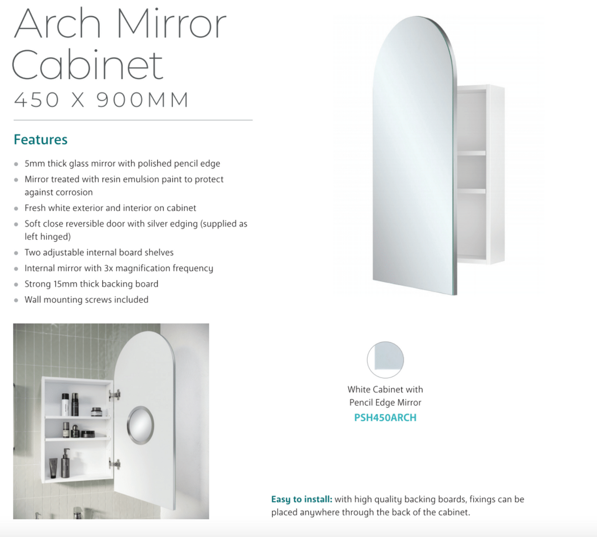 Fienza PSH450ARCH Arch 450 x 900mm Mirror Cabinet