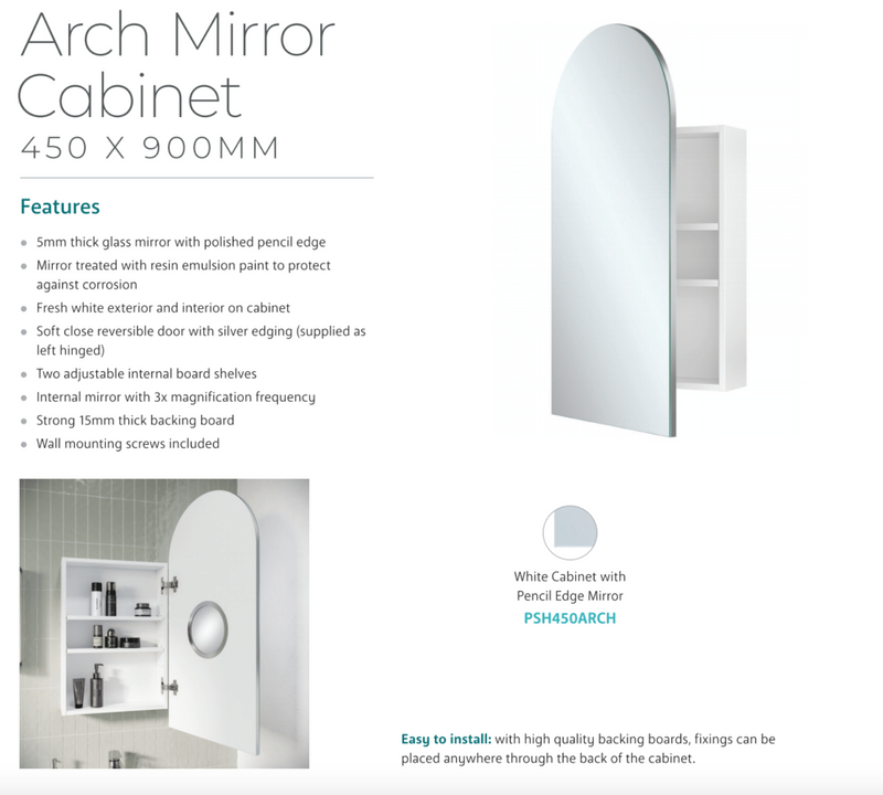 Fienza PSH450ARCH Arch 450 x 900mm Mirror Cabinet - Special Order