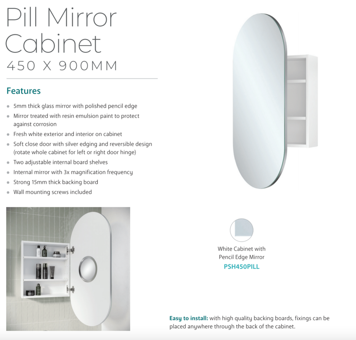 Fienza PSH450PILL Pill 450 X 900mm Mirror Cabinet