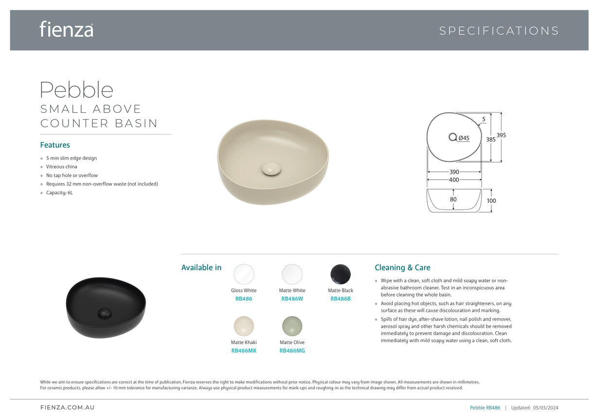 Fienza RB486 Pebble Small Above Counter Basin, Gloss White