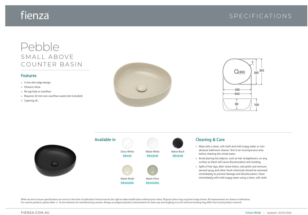 Fienza RB486W Pebble Small Above Counter Basin, Matte White