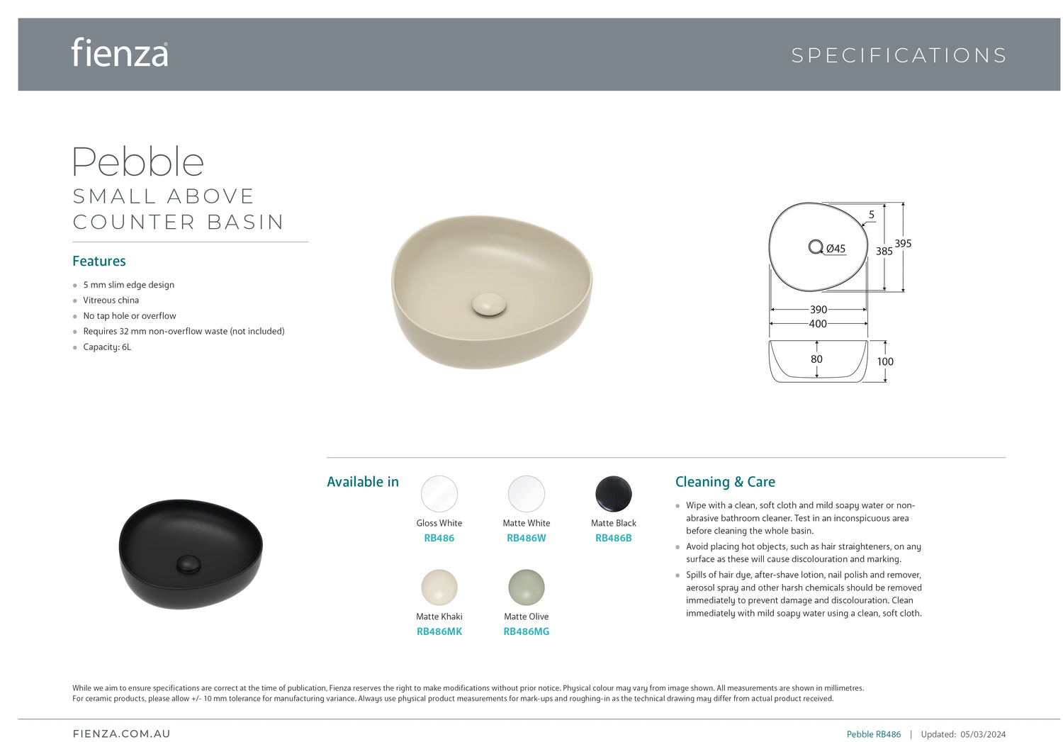 Fienza RB486W Pebble Small Above Counter Basin, Matte White