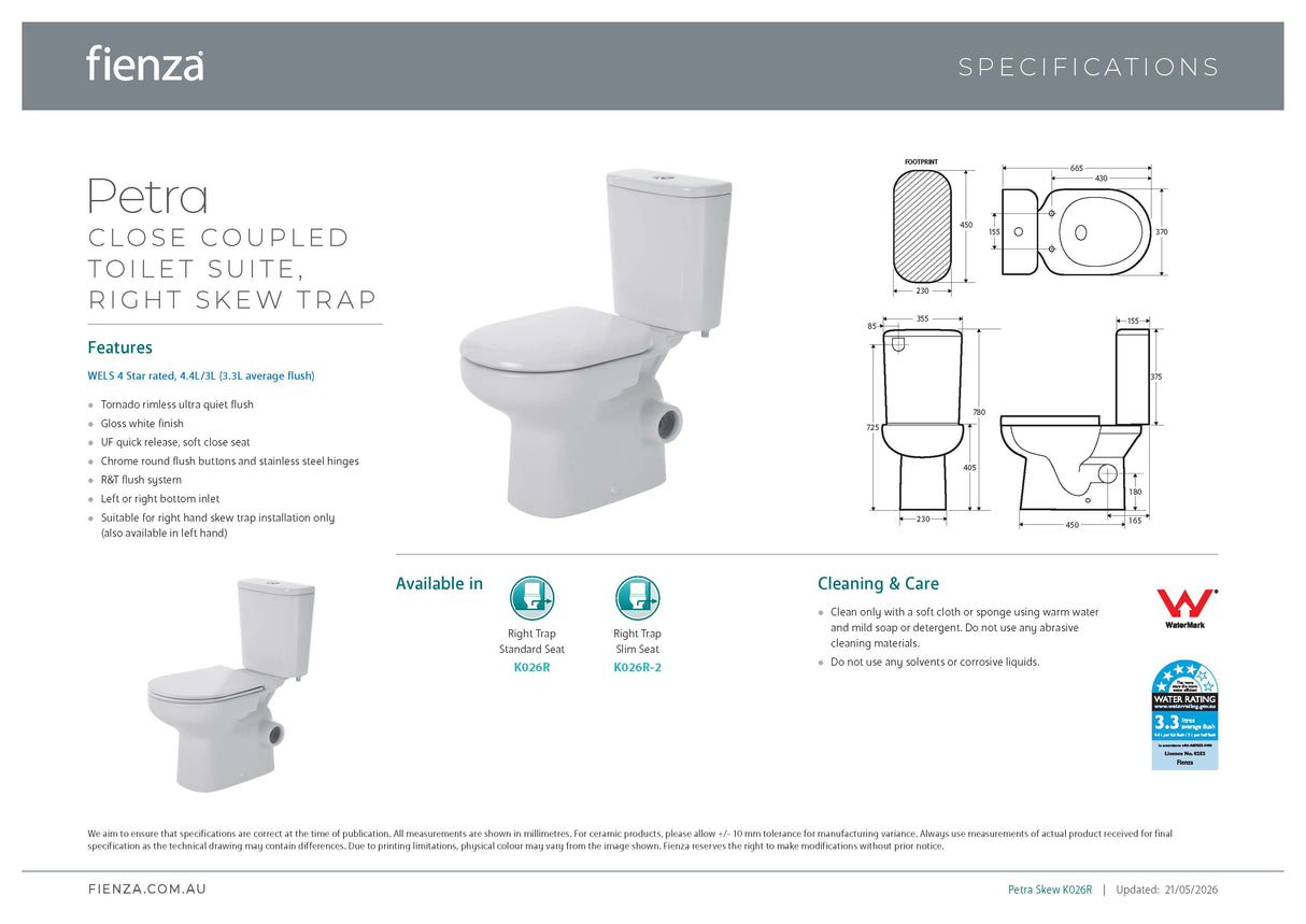 Fienza K026R Petra Close-Coupled Toilet Suite, Right Skew Trap, Gloss White