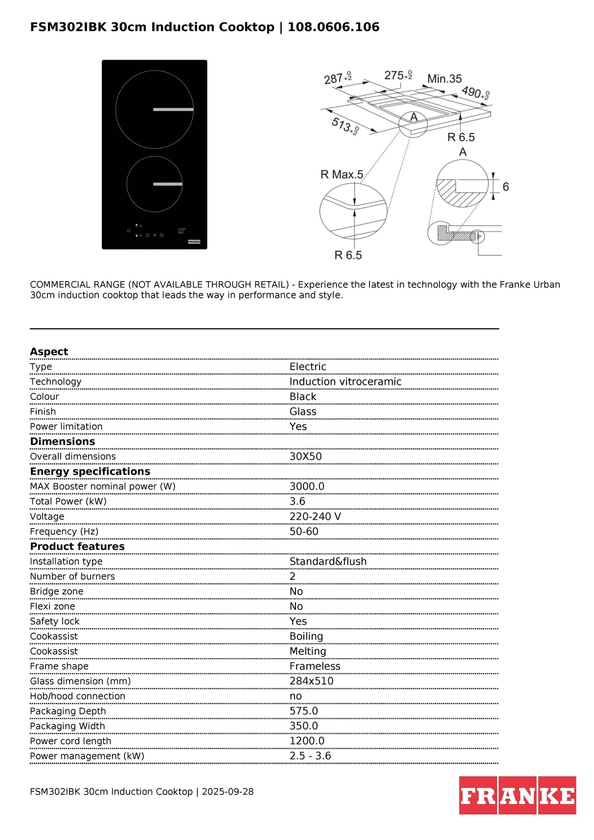 Franke FSM302IBK Urban 30cm Black Glass Induction Cooktop