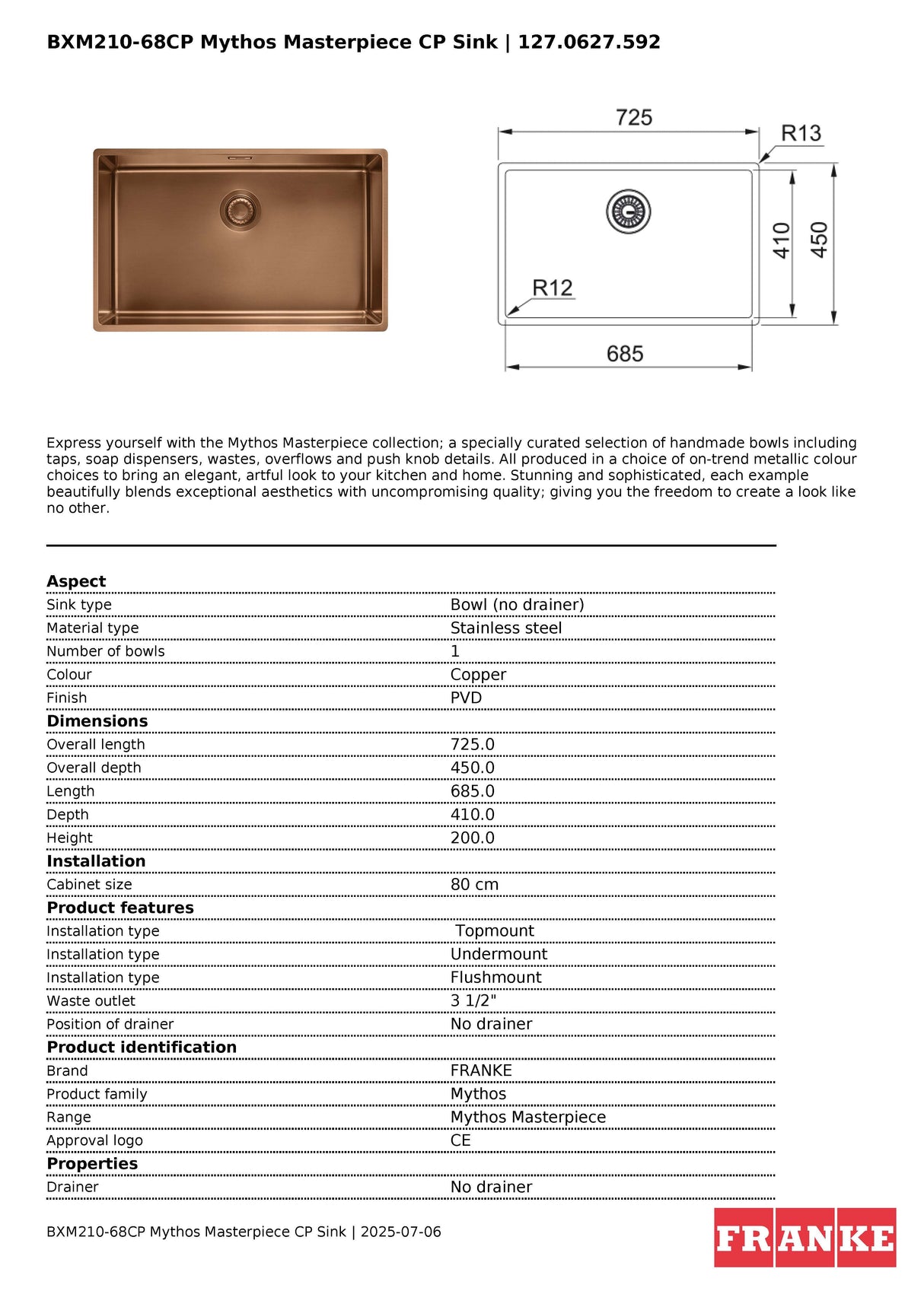 Franke Mythos Masterpiece Single Bowl Sink 725mm Copper, BXM210-68CP