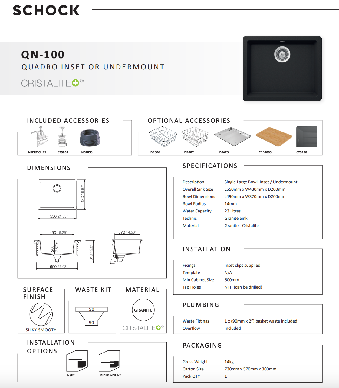 Abey Schock Quadro QN-100B Granite Onyx Black Single Bowl Sink