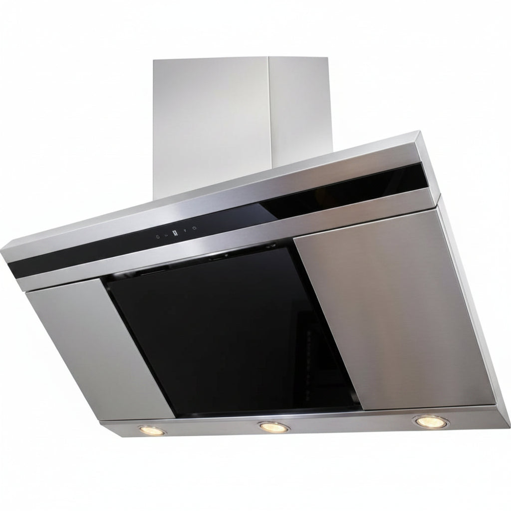 A stainless steel range hood with a black glass front panel and a matching rectangular chimney, shown against a plain white background.