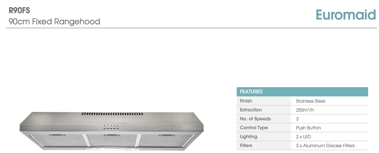 Euromaid R90FS 90cm Fixed Stainless Steel Rangehood - Black Friday Sale!!