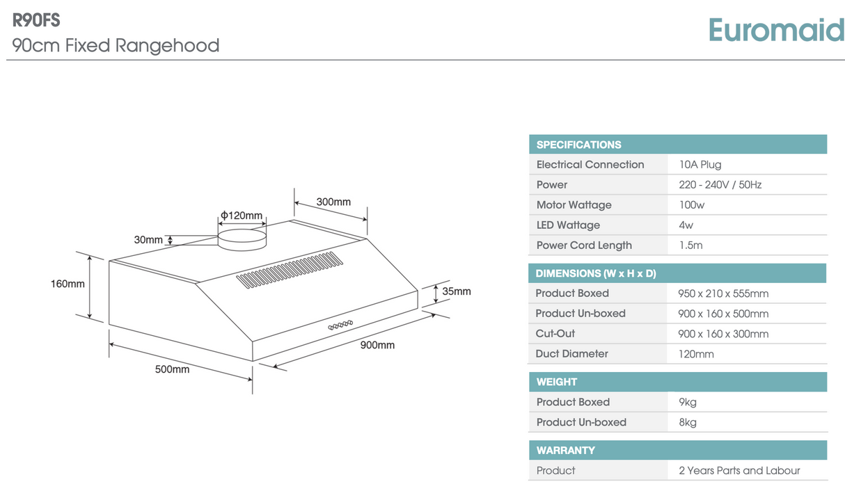Euromaid R90FS 90cm Fixed Stainless Steel Rangehood - Black Friday Sale!!