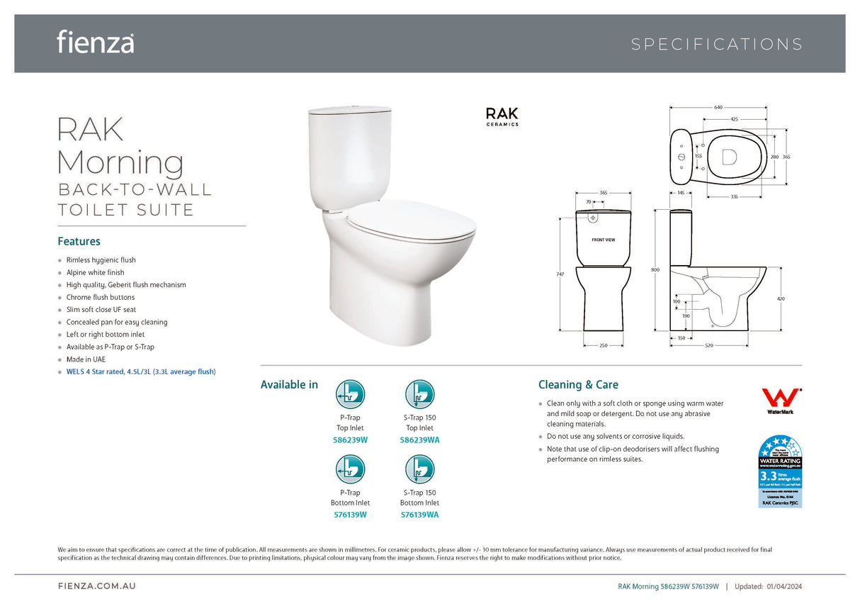 Fienza 576139W Morning Back To Wall Toilet Suite, P Trap, Bottom Inlet, Alpine White