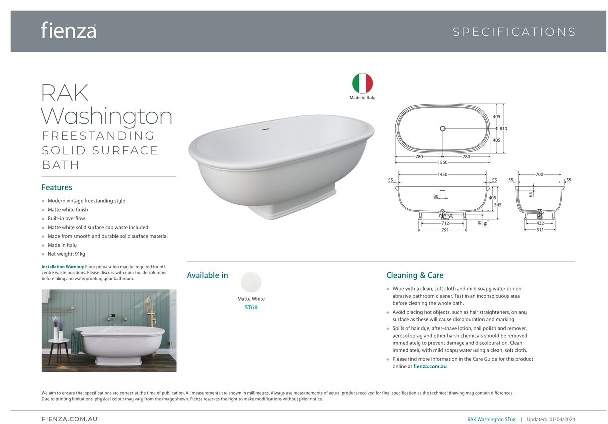 Fienza ST68 RAK Washington 1560mm Cast Stone Freestanding Bath, Matte White