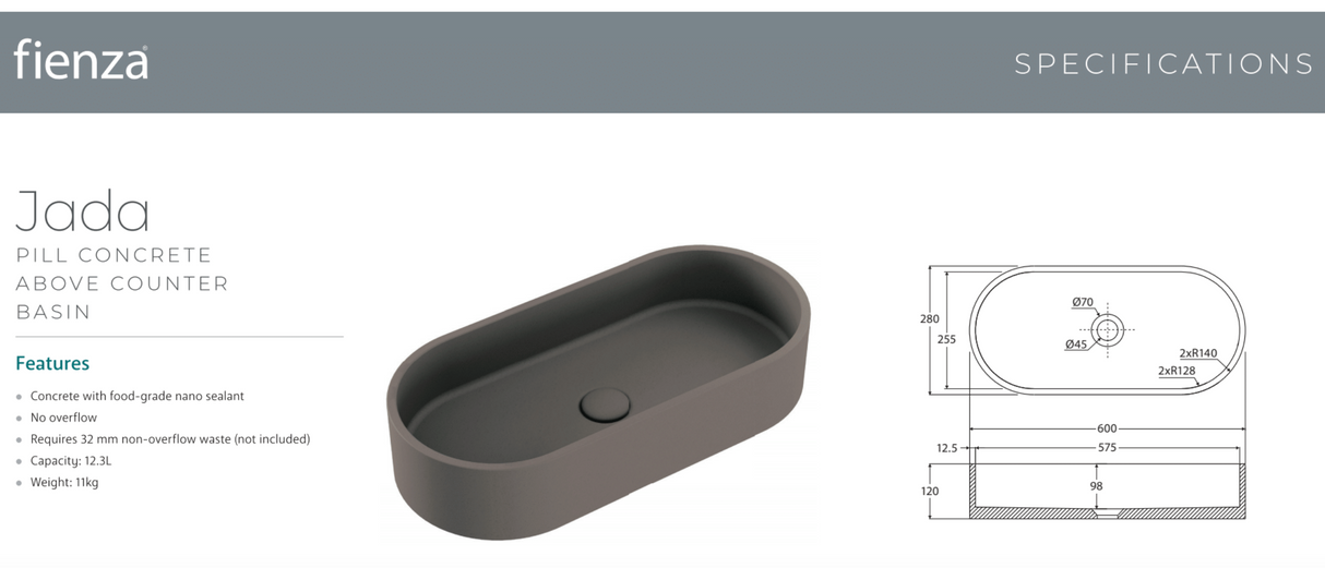 Fienza RB013 Jada Pill Concrete Above Counter Basin, Warm Grey