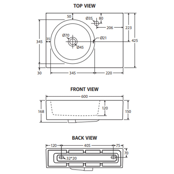 Fienza RB039L Reba Left Bowl Wall Basin, No Tap Hole