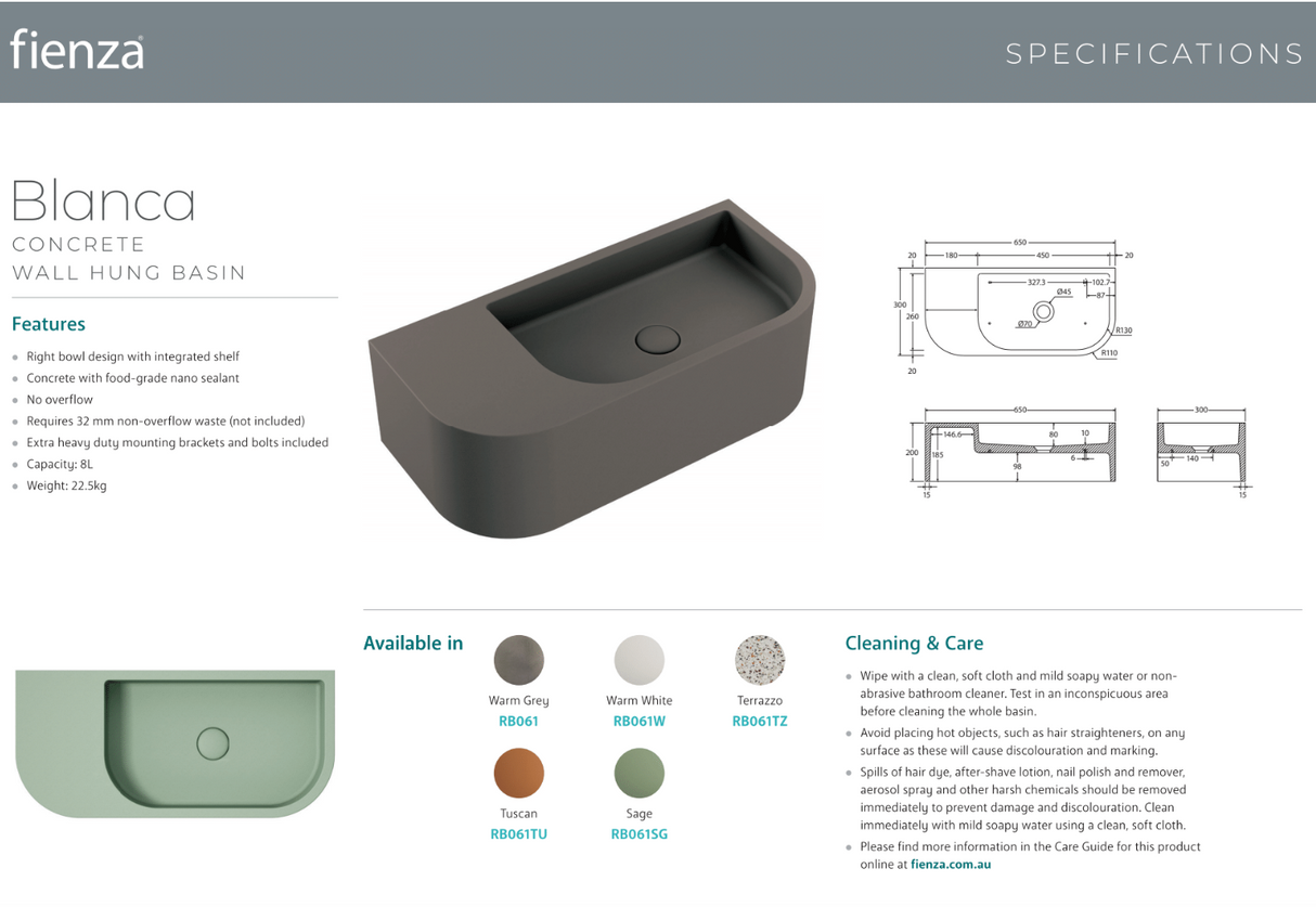 Fienza RB061TU Blanca Concrete Wall Basin, Tuscan