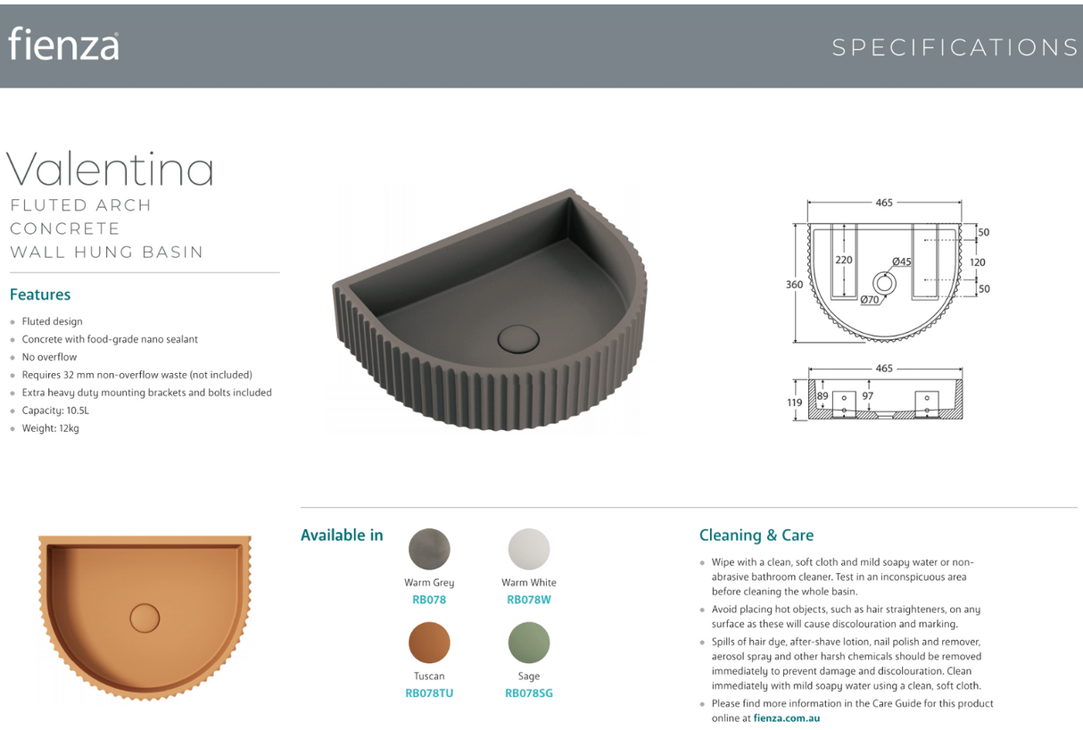 Fienza RB078TU Valentina Fluted Arch Concrete Wall Basin, Tuscan