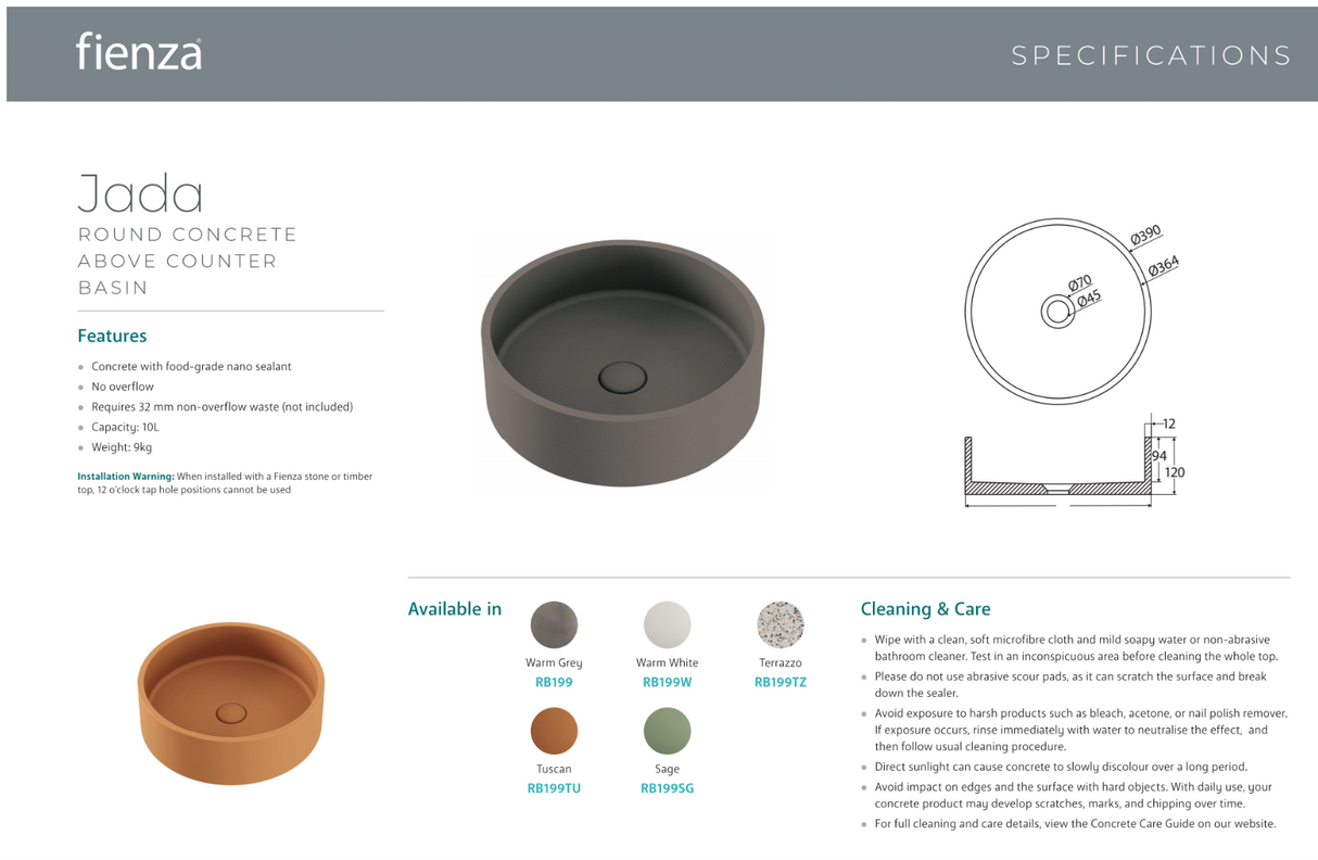 Fienza RB199W Jada Concrete Above Counter Basin, Warm White