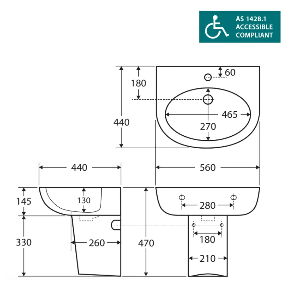Fienza RB379S Stella Care Ceramic Gloss White Wall Basin, Integral Shroud, Three Tap Holes