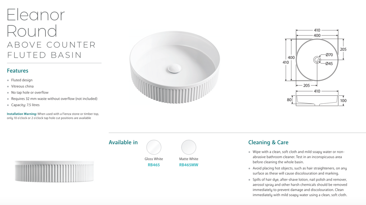 Fienza RB465MW Eleanor Round Above Counter Basin, Matte White
