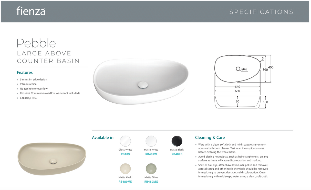 Fienza RB489 Pebble Large Above Counter Basin, Gloss White