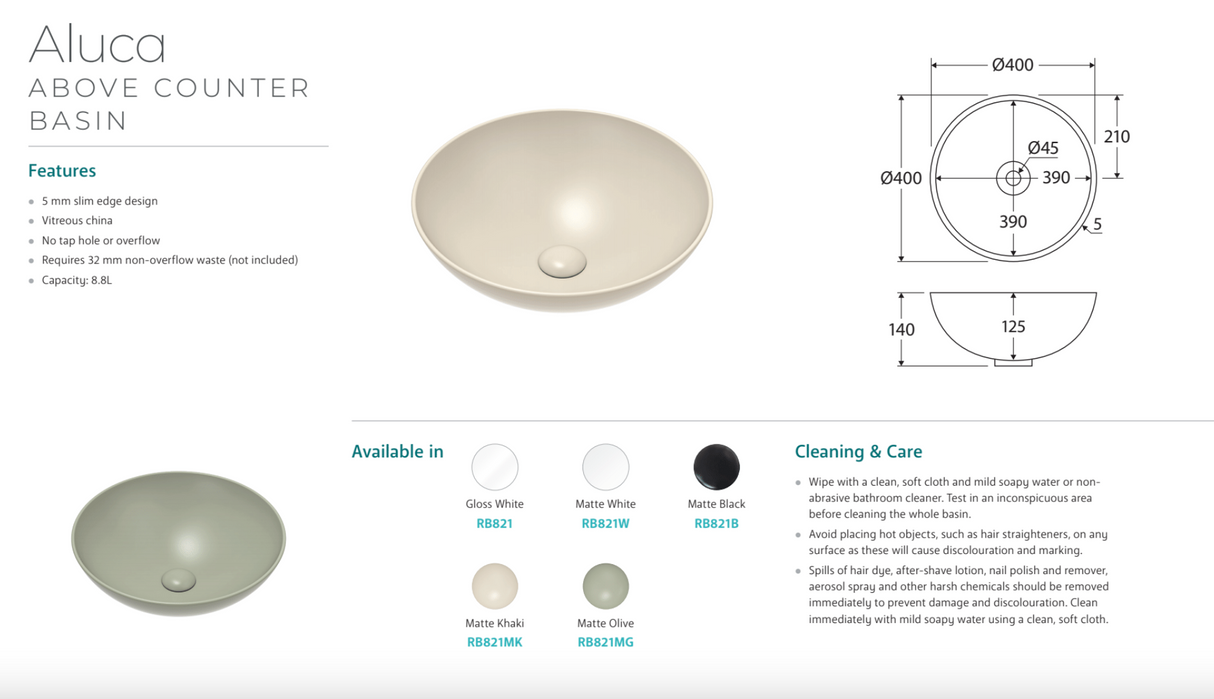 Fienza RB821MK Aluca Above Counter Basin, Matte Khaki