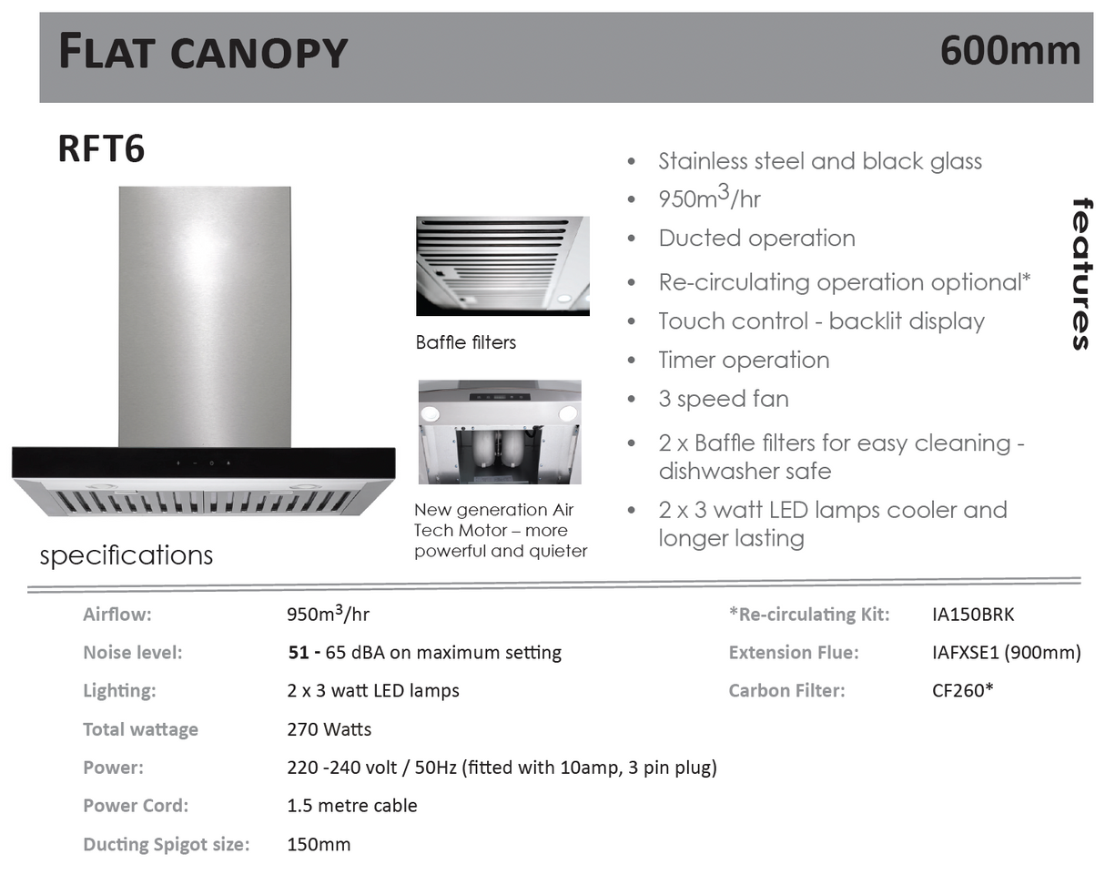 Euromaid RFT6 60cm Flat Canopy Rangehood