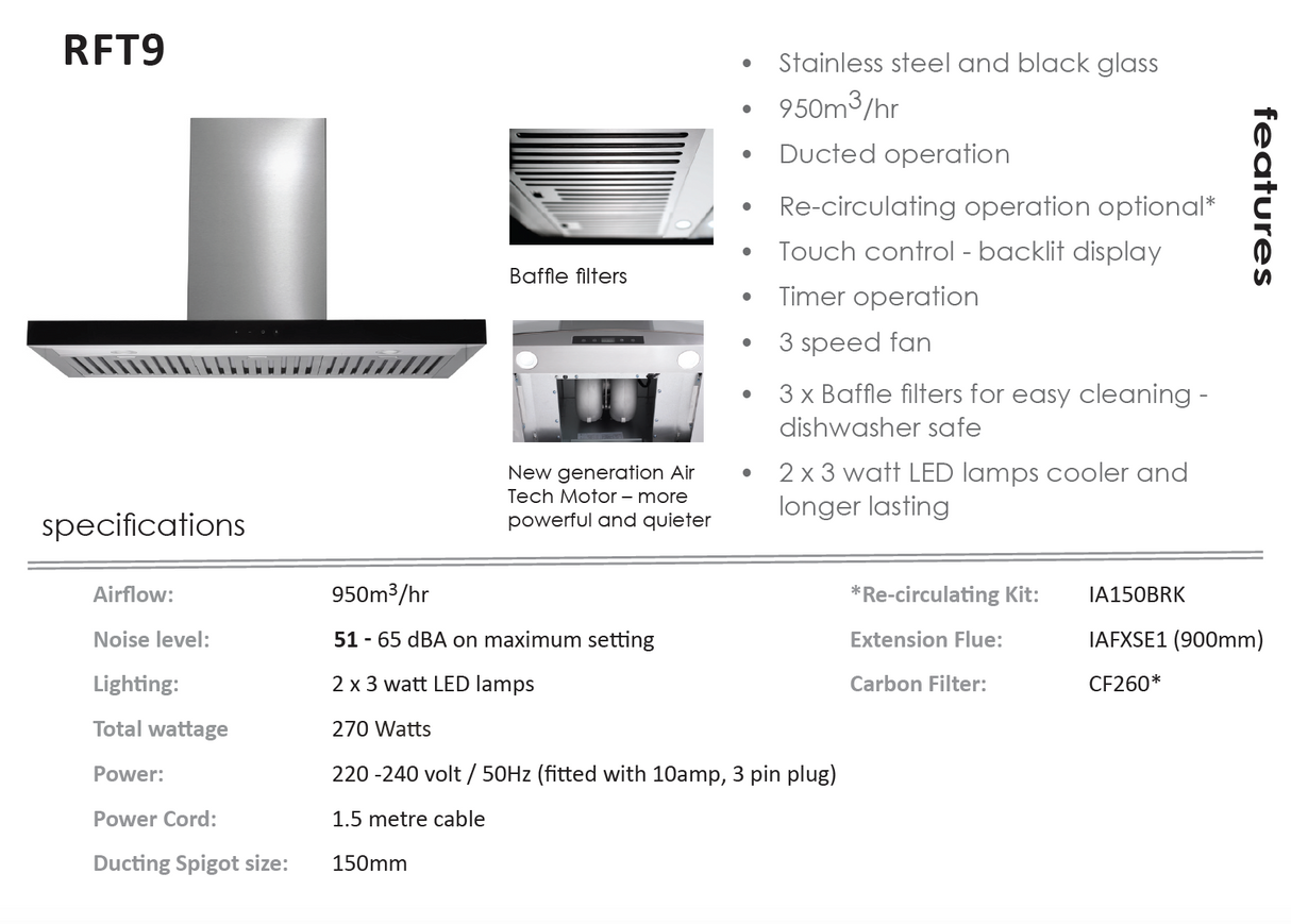Euromaid RFT9 90cm HIGH POWER Flat Canopy Rangehood