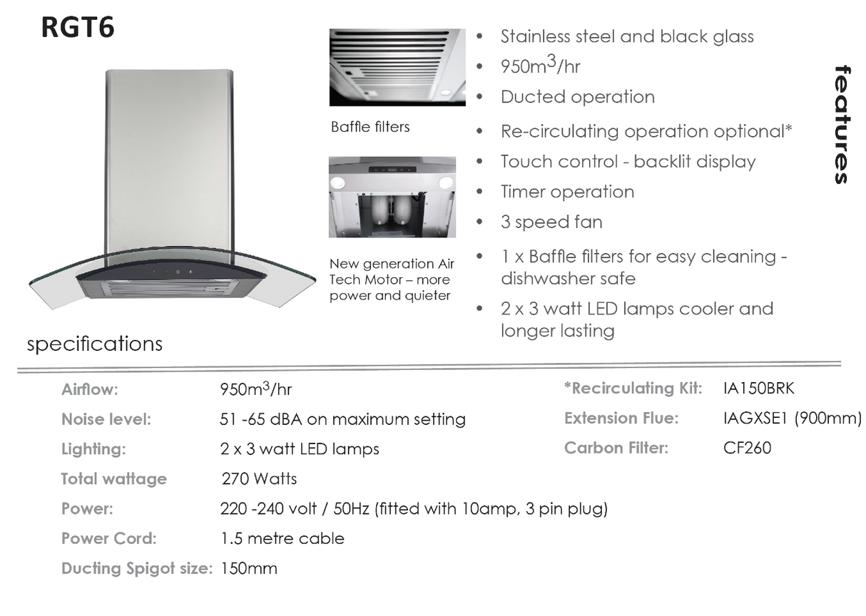 Euromaid RGT6 60cm Curved Glass Canopy Range hood