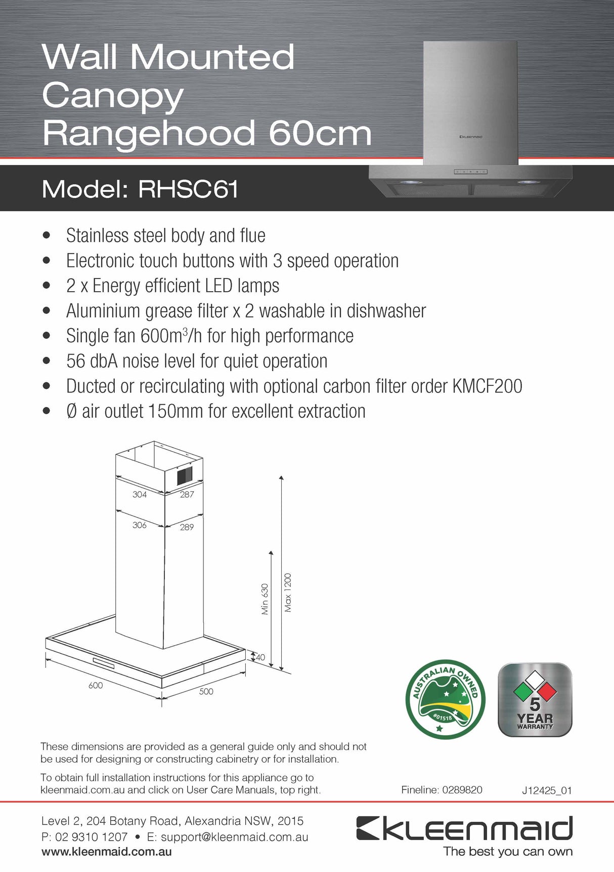 Kleenmaid RHSC61 60cm Wall Mounted Canopy Rangehood