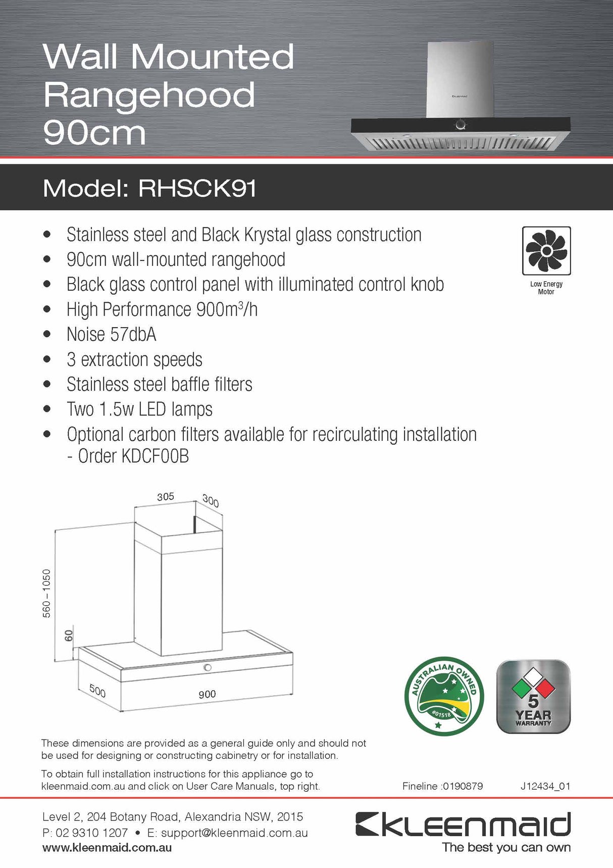 Kleenmaid RHSCK91 90cm Wall Mounted Canopy Rangehood