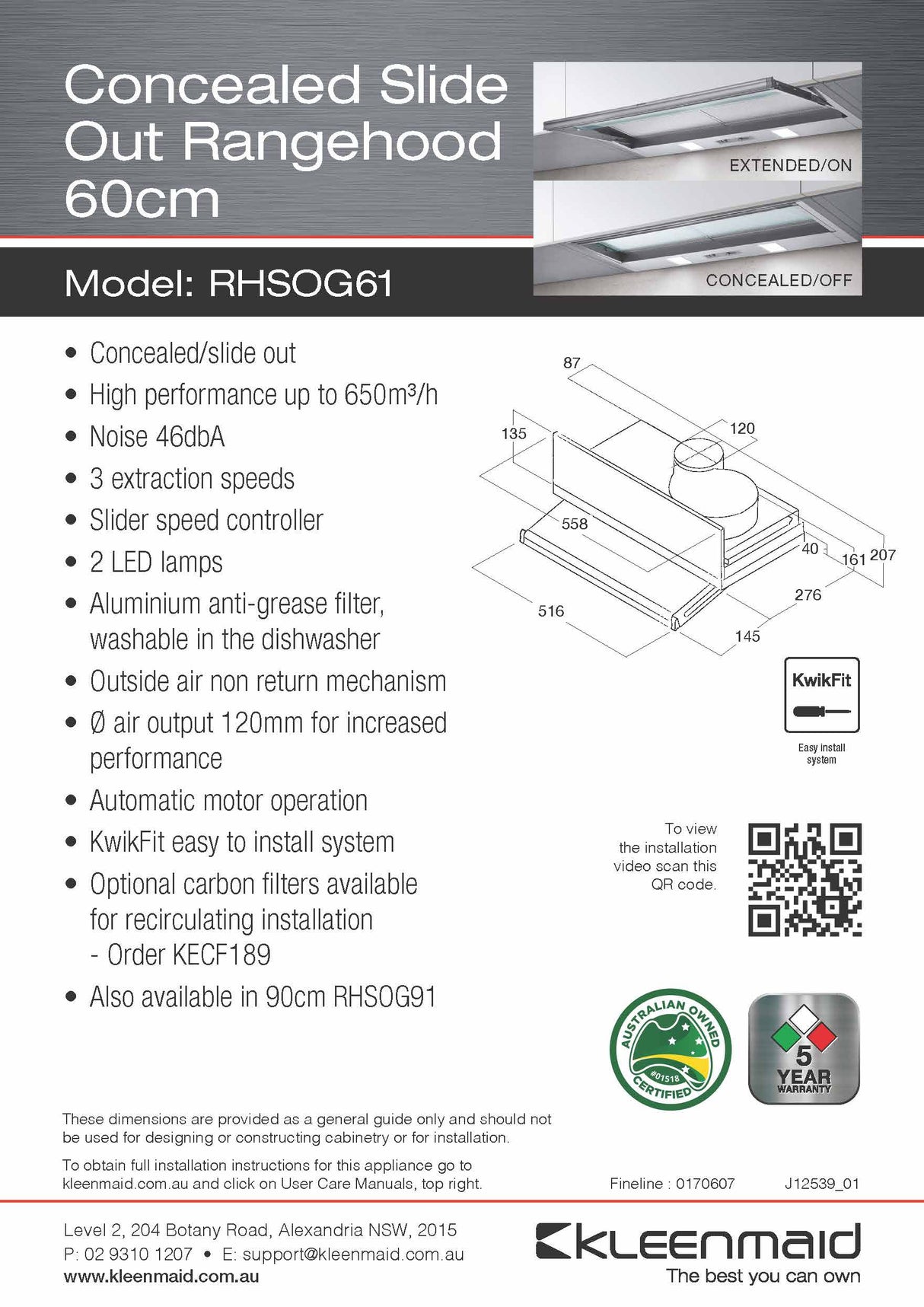 Kleenmaid RHSOG61 60cm Concealed Slide Out Rangehood