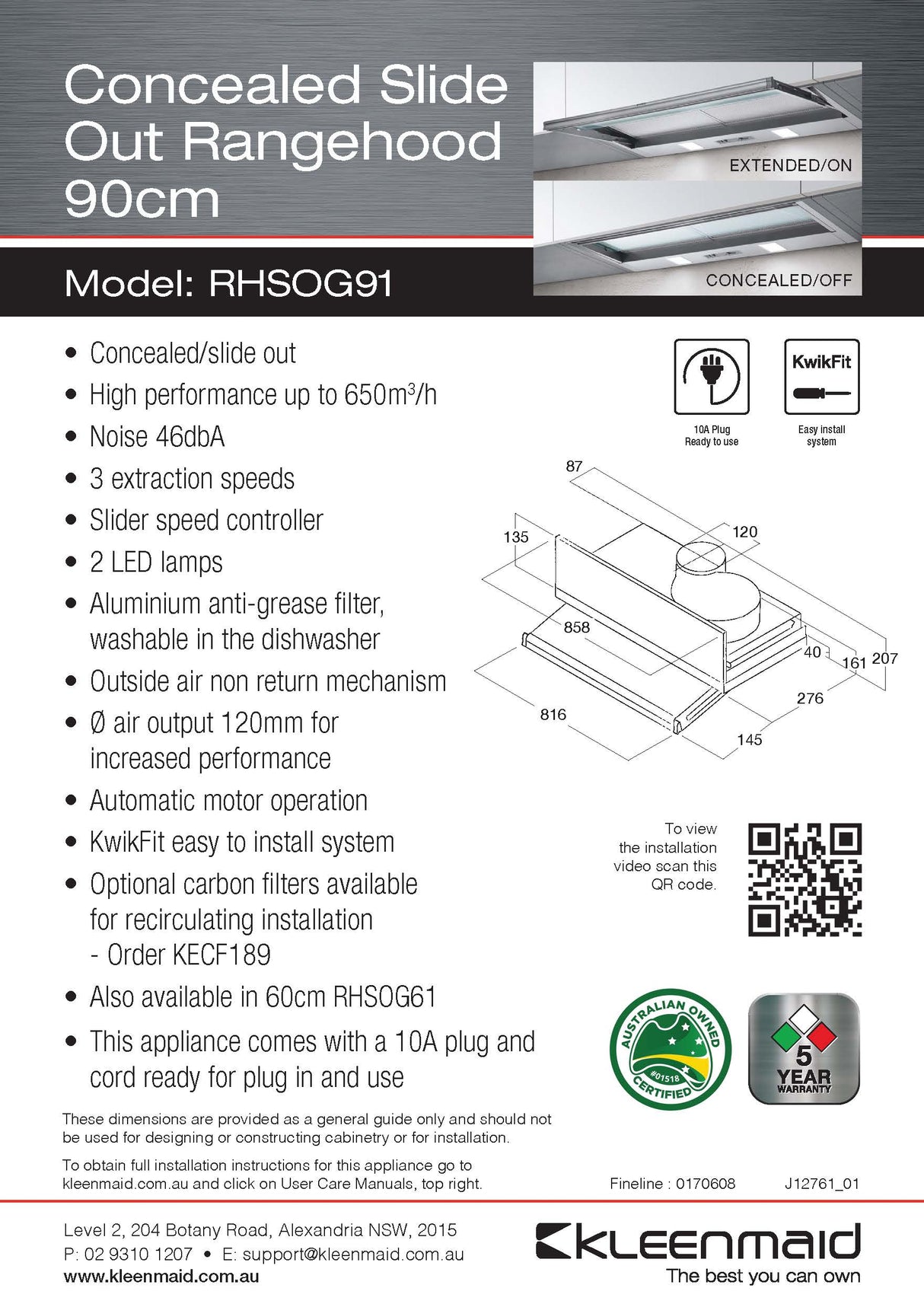 Kleenmaid RHSOG91 90cm Concealed Slide Out Rangehood