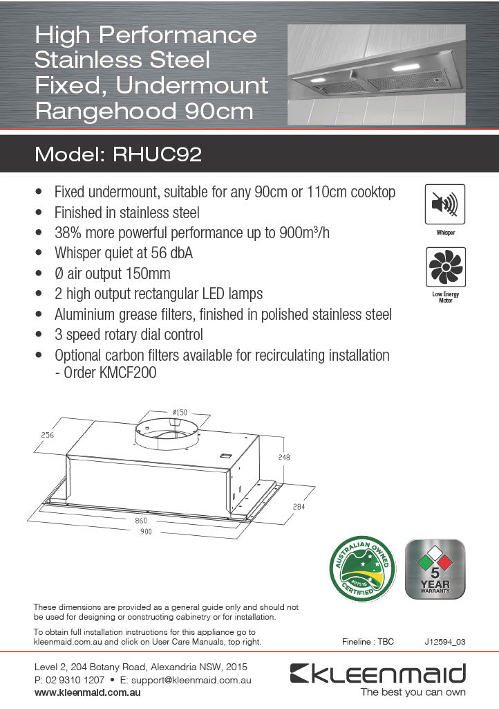 Kleenmaid RHUC92 90cm Stainless Steel Fixed Undermount Rangehood