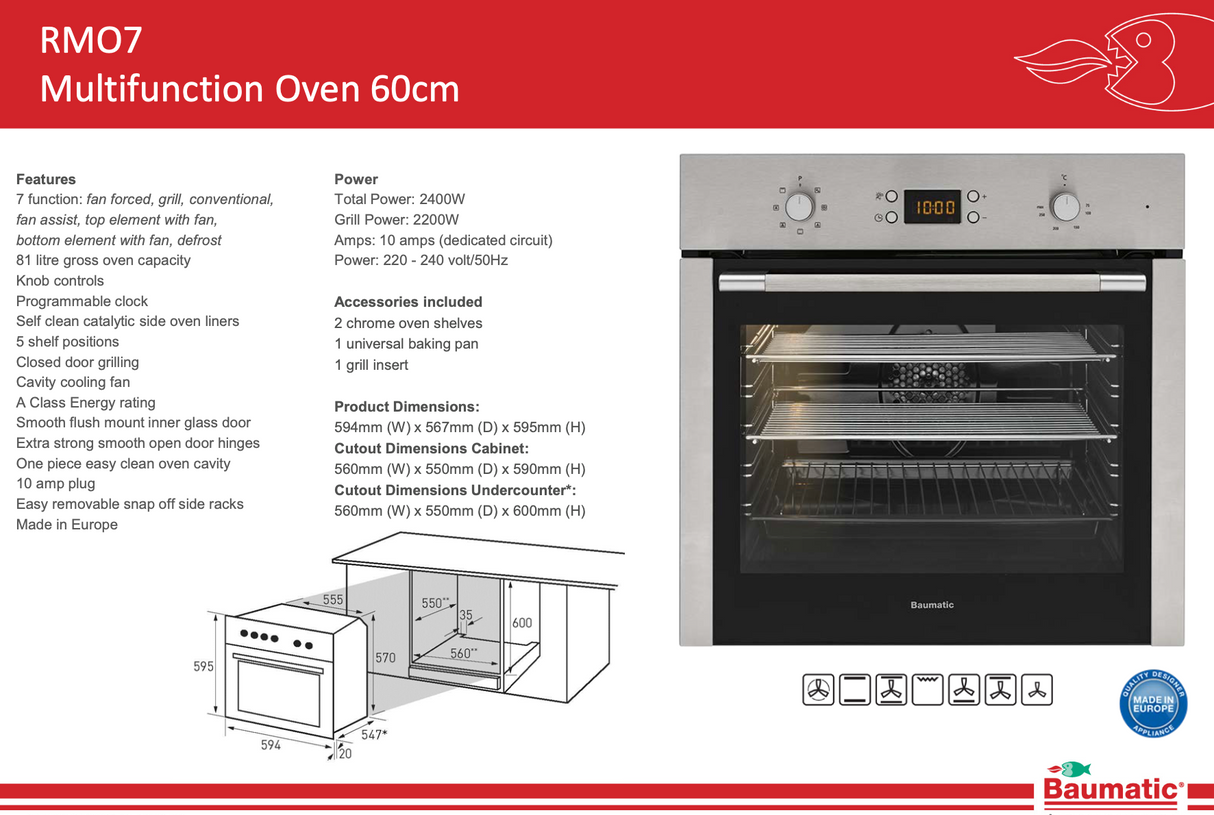 Baumatic RMO7 60cm Stainless Steel Electric Oven, 10amp Plug