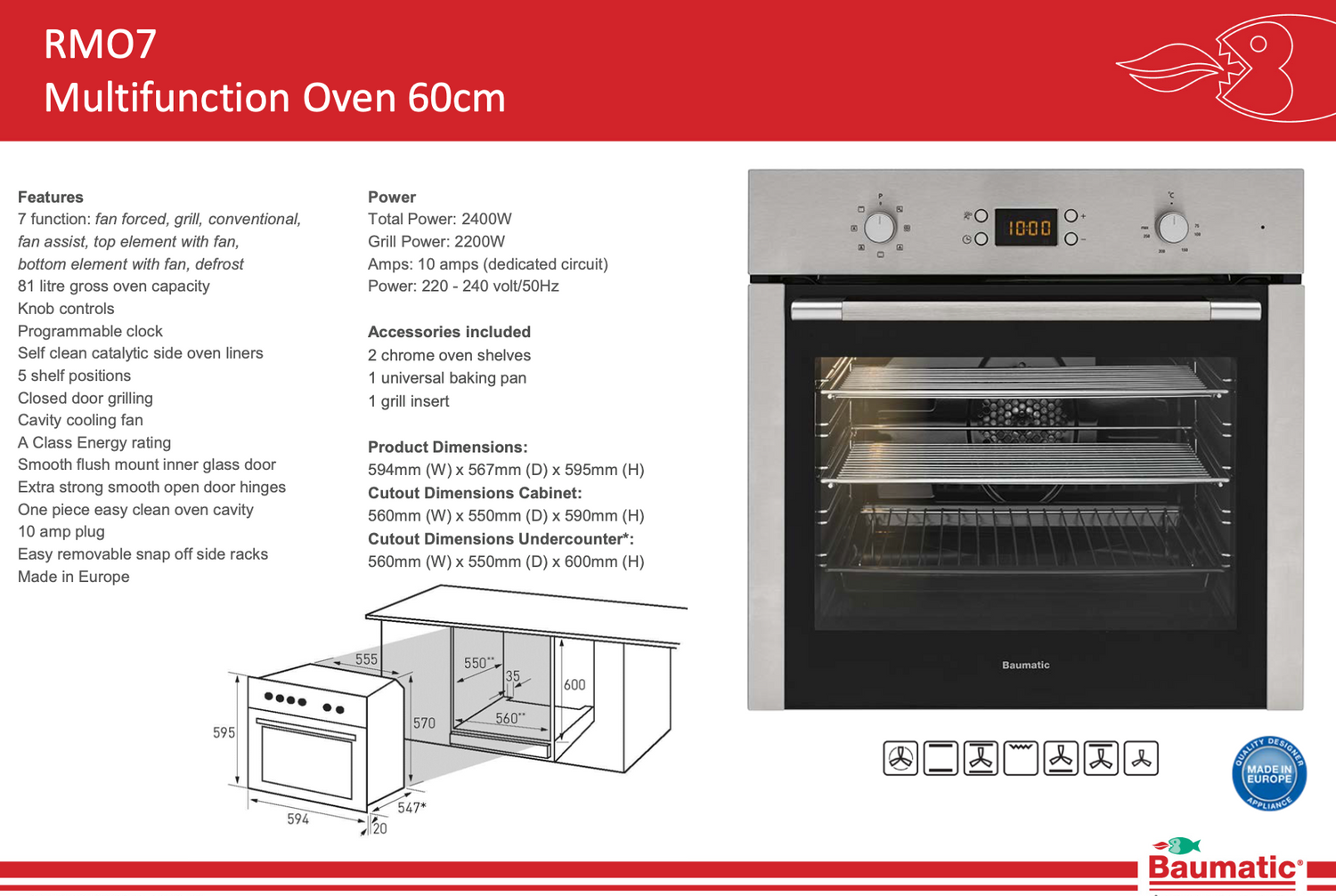 Baumatic RMO7 60cm Stainless Steel Electric Oven, 10amp Plug