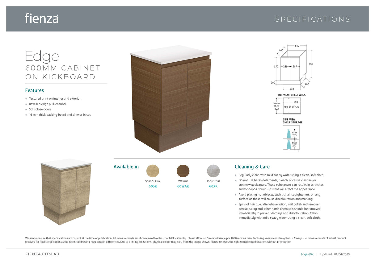 Fienza ROT60SK Rotondo Edge Scandi Oak 600 Vanity On Kickboard