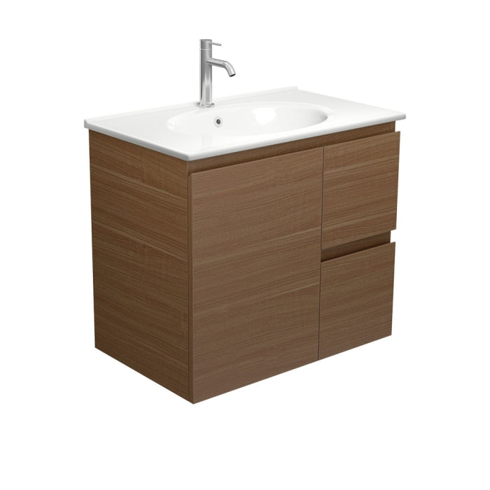 Fienza ROT75WAR Rotondo Edge Walnut 750 Wall Hung Vanity, Right Drawers