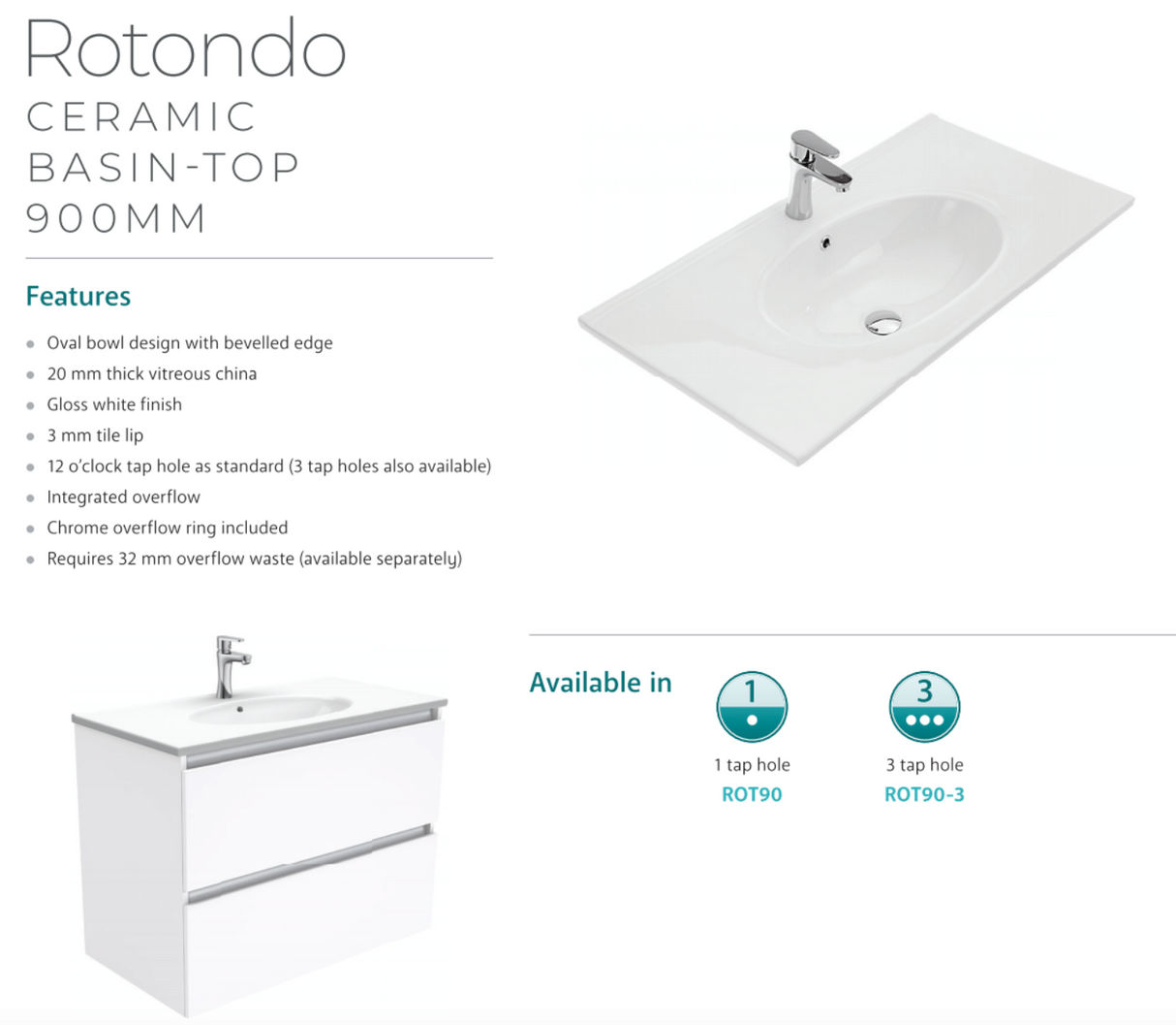 Fienza ROT90RW Rotondo Alina White 900 Wall-Hung Vanity