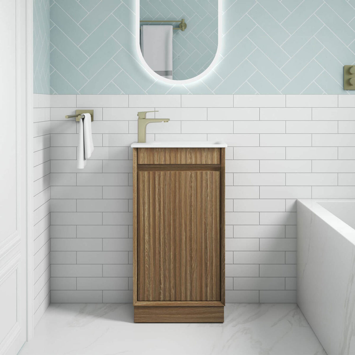 Aulic Ravia 450mm MRV450SHAF-SNT29N Compact Floor Standing Fluted Vanity, No Tap Hole, Harvest Oak