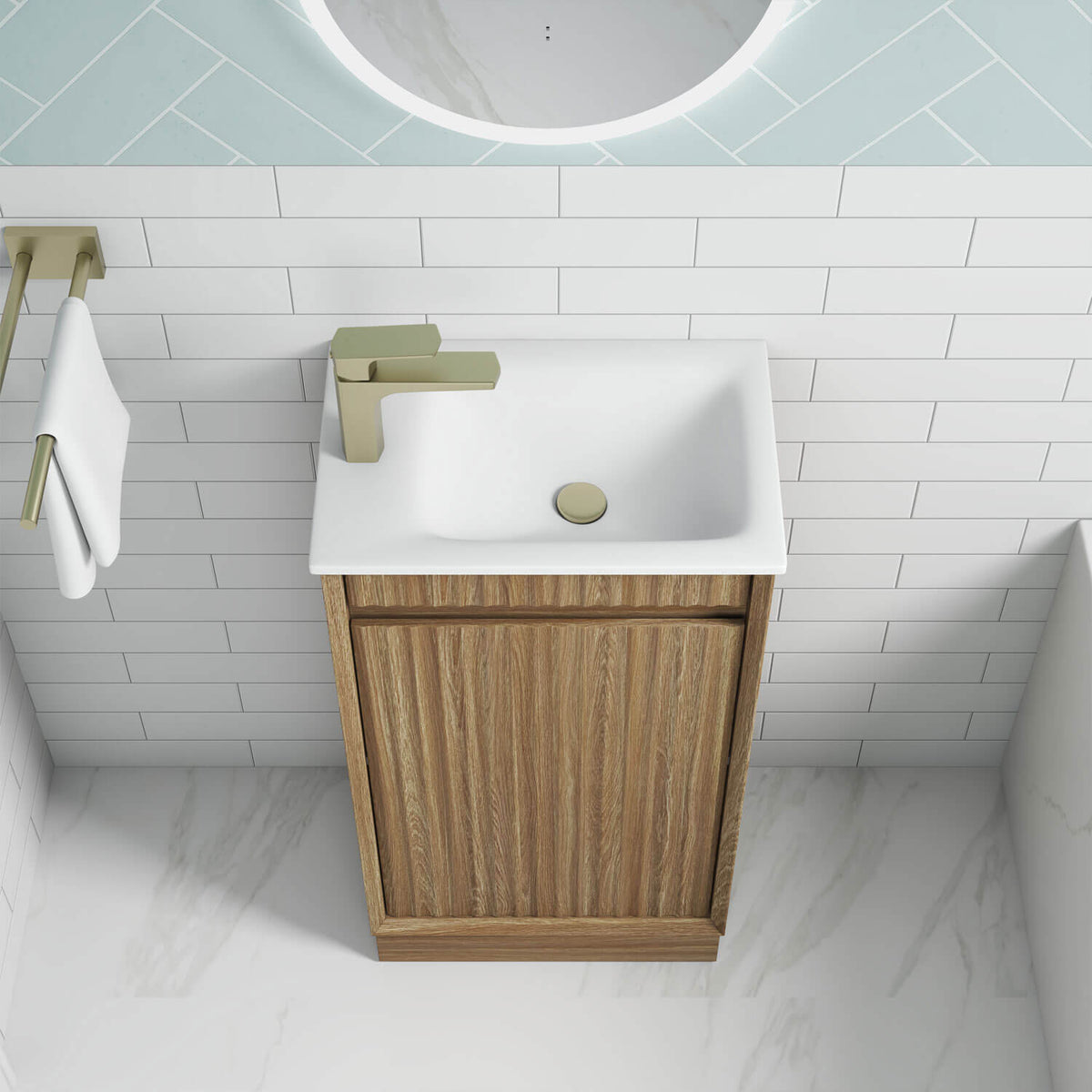 Aulic Ravia 450mm MRV450SHAF-SNT29 Compact Floor Standing Fluted Vanity, One Tap Hole, Harvest Oak