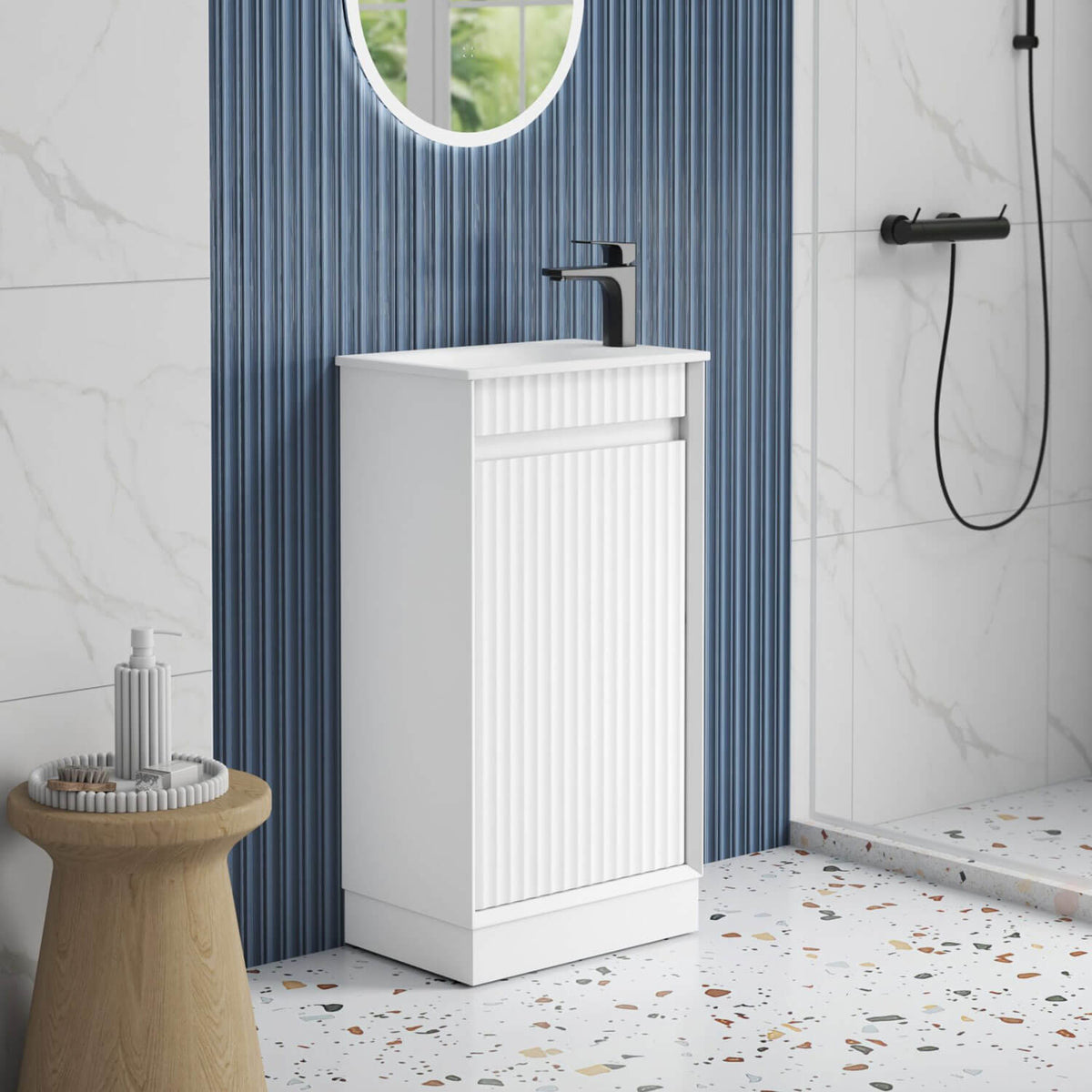 Aulic Ravia 450mm MRV450SMWF-SNT29 Compact Floor Standing Fluted Vanity, One Tap Hole, Matte White