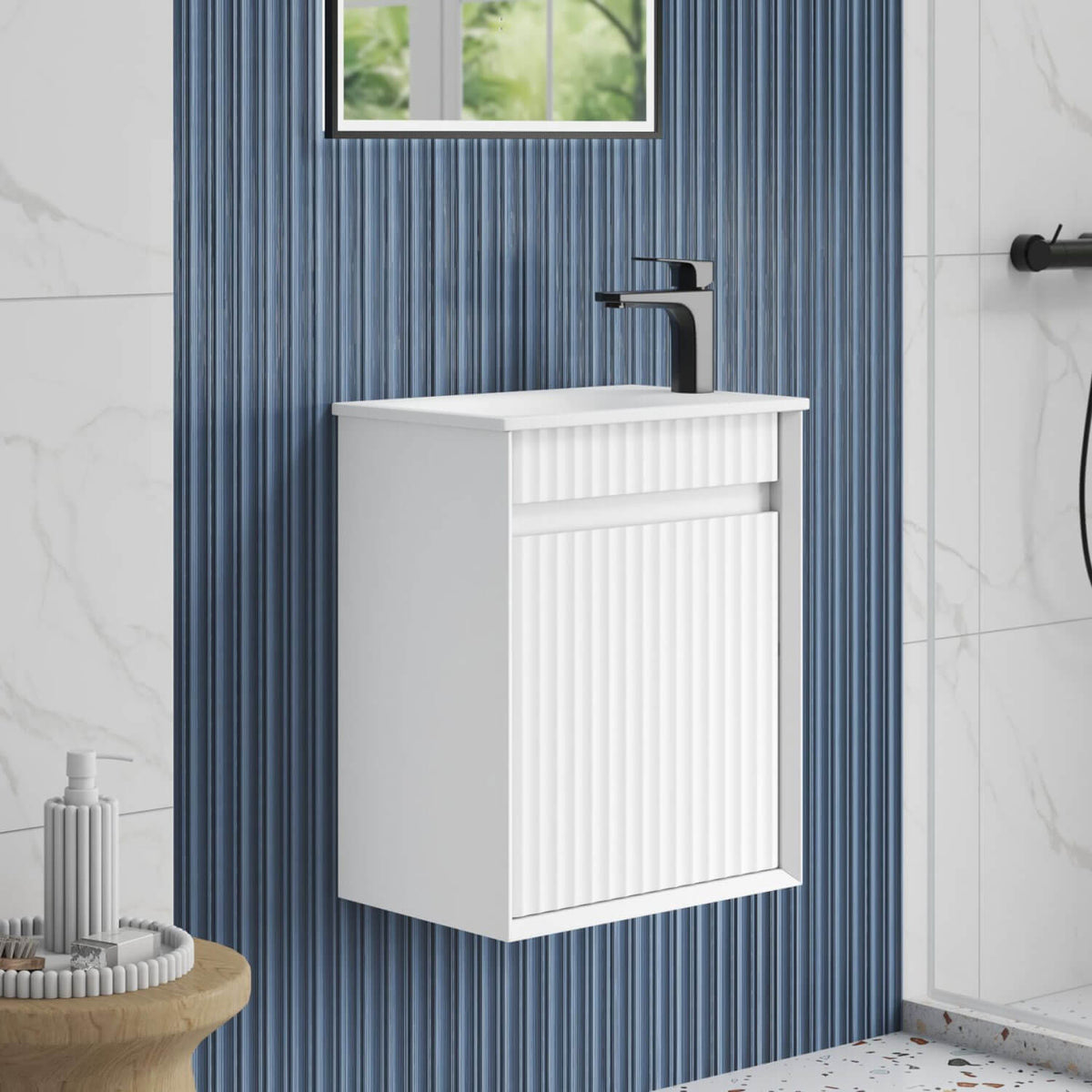 Aulic Ravia 450mm MRV450WMWF-SNT29 Compact Fluted Wall Hung Vanity, One Tap Hole, Matte White