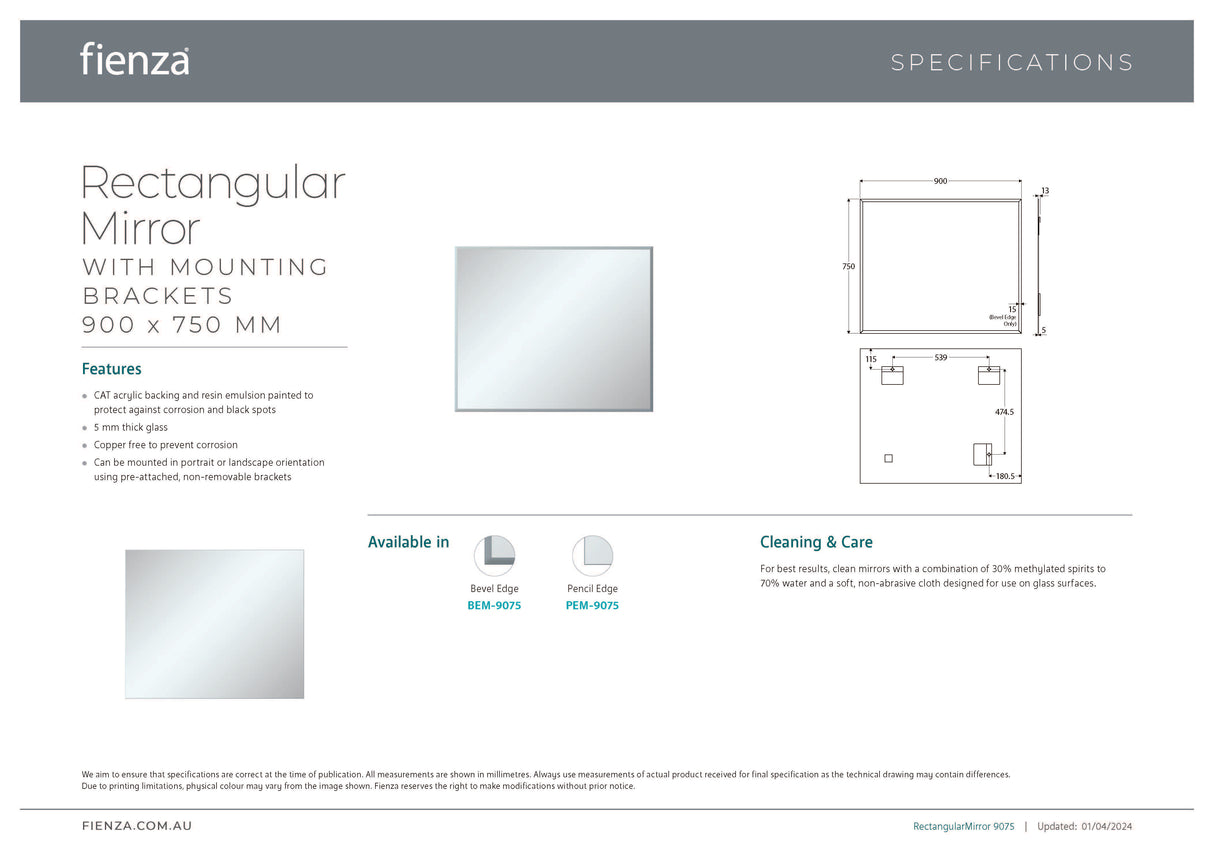 Fienza BEM-9075 Bevel Edge Rectangular Mirror 900x750mm