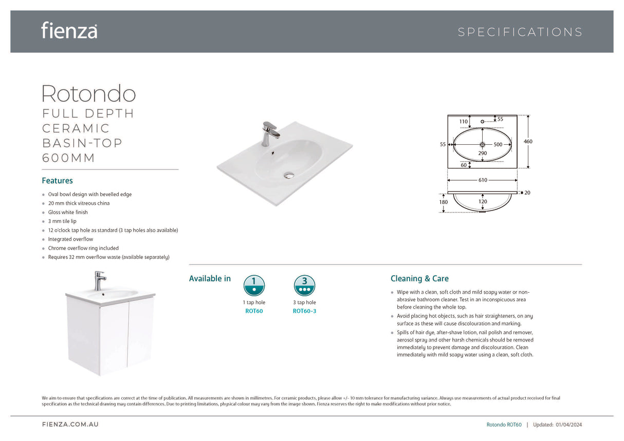 Fienza ROT60SK Rotondo Edge Scandi Oak 600 Vanity On Kickboard
