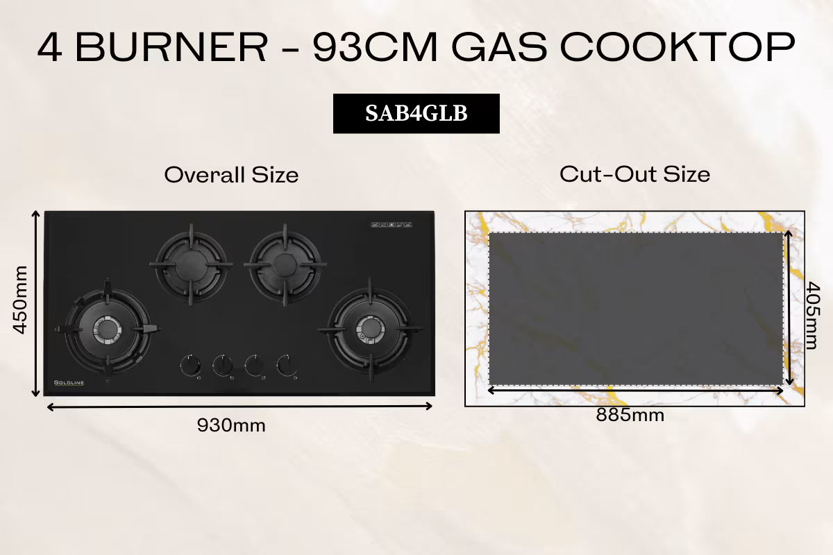 Goldline SAB4GLB 93cm Black Narrow 4 Burner Gas Cooktop