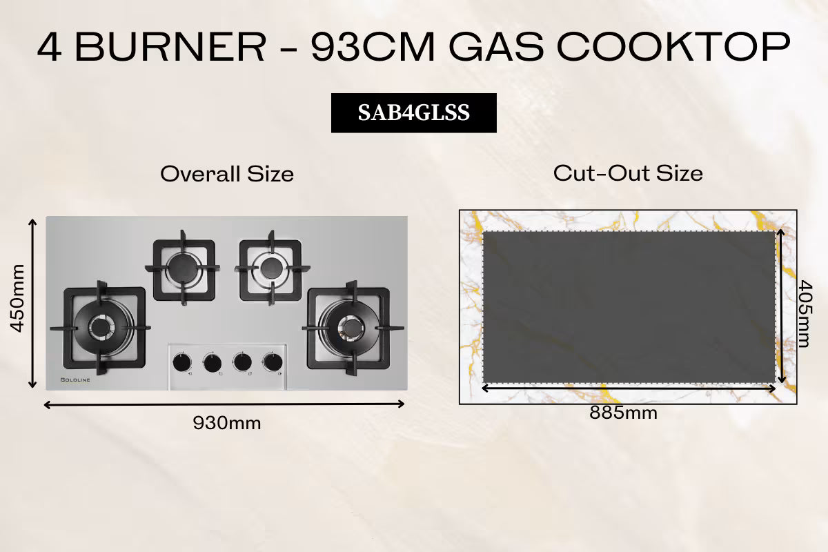 Goldline SAB4GLSS 93cm Stainless Steel Narrow 4 Burner Gas Cooktop
