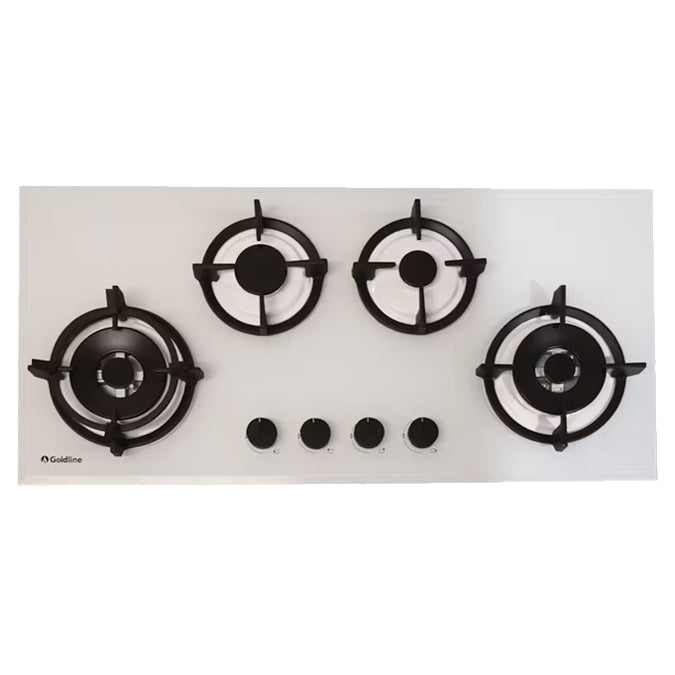 Goldline SAB4GLW 93cm White Glass Narrow 4 Burner Gas Cooktop