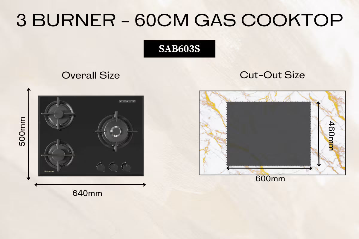 Goldline SAB603S 64cm Black 3 Burner Gas Cooktop