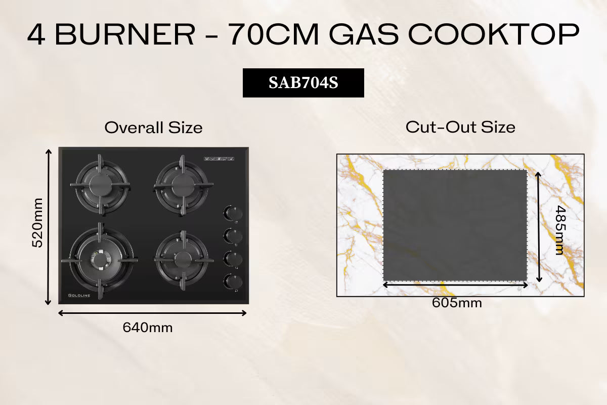 Goldline SAB704S 64cm Black 4 Burner Gas Cooktop